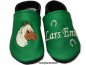Preview: Lederpuschen ital. grün-schwaru mit rechts Stickerei Pferd Suse (braun-creme-schwarz) und links 2 Hufeisen grau und den Namen creme